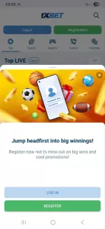 1xBet registration popup offering bonuses and promotions for new players