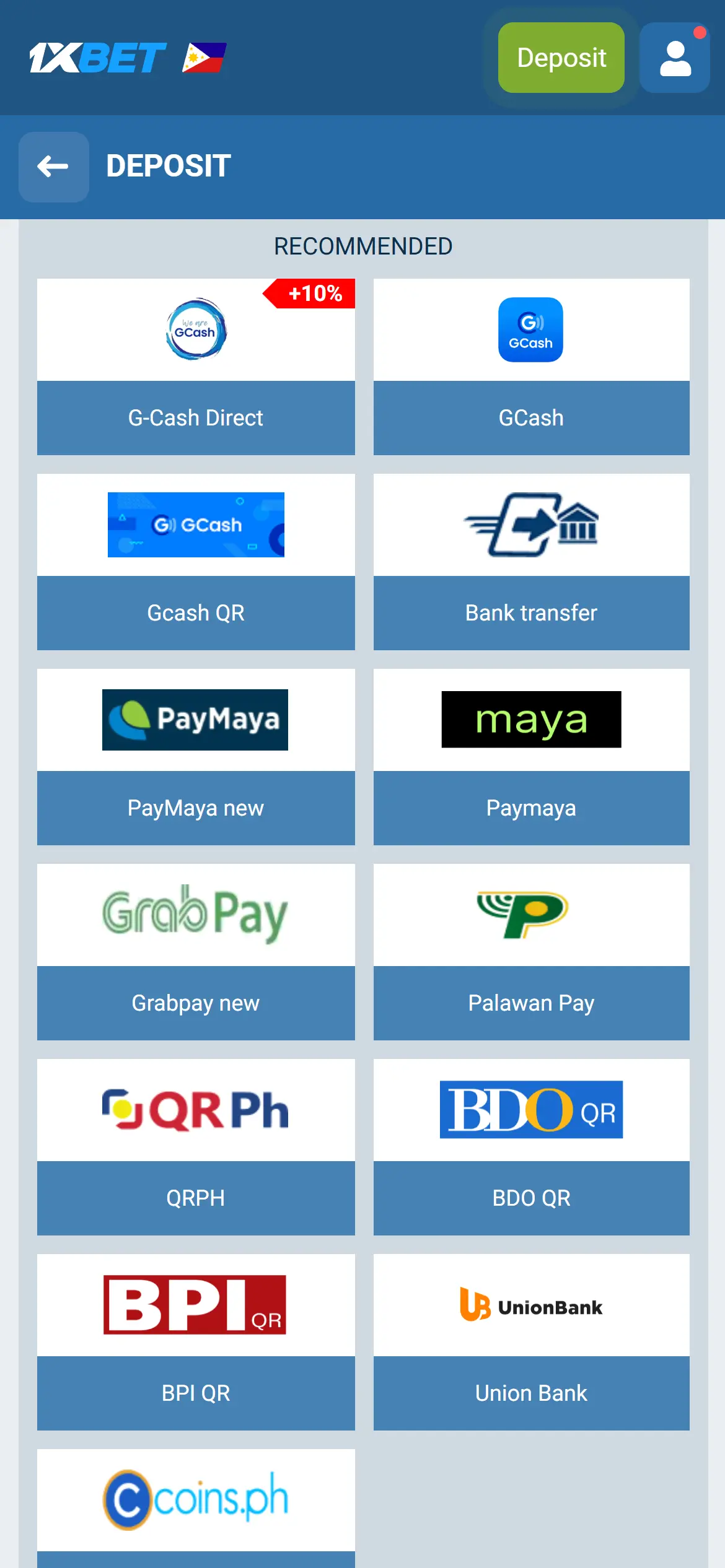 1xBet deposit screen showing GCash, Maya, GrabPay, bank transfer and other PH payment methods