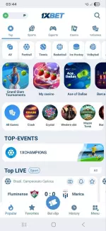 1xBet app home screen with sports, esports, casino and 1xGames menu